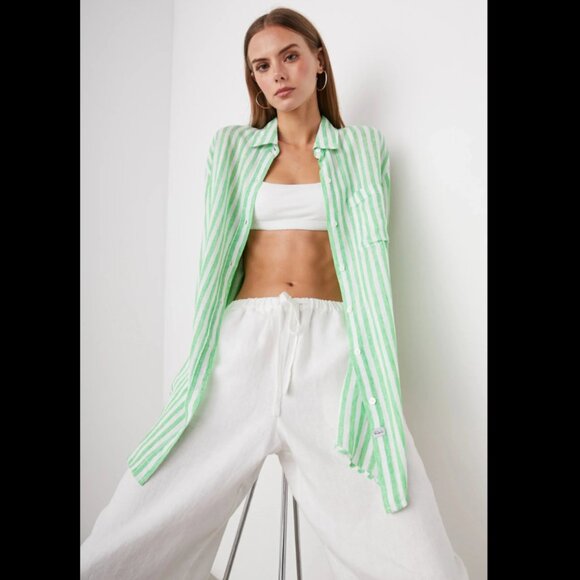 Rails Jaylin Cayman Green White Stripe Linen Blend Women's Button Shirt Large - Picture 2 of 9